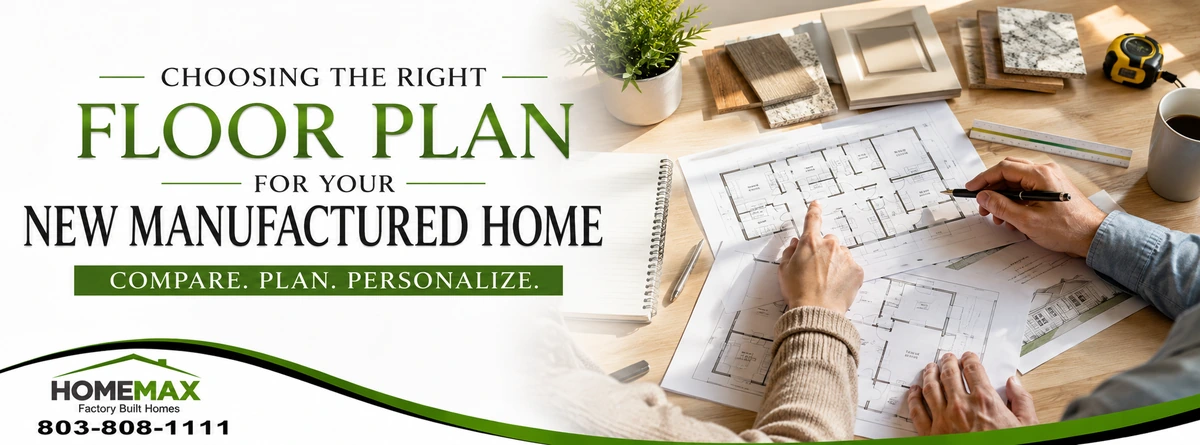 Manufactured home buyers comparing modern floor plans and home features