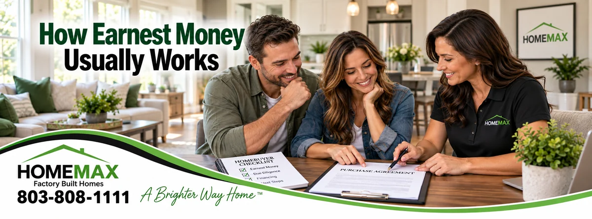 Manufactured home buyers reviewing an earnest money deposit and purchase agreement