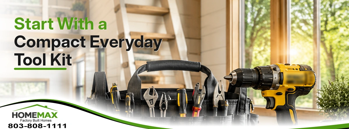 A compact everyday tool kit located within the bright interior of a tiny home