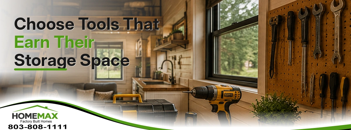 Space-saving tool storage in a tiny home utility area