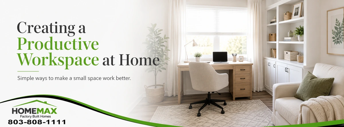 Bright manufactured home flex room arranged as a comfortable home office