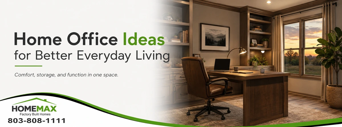 Warm manufactured home office with organized storage and comfortable furniture