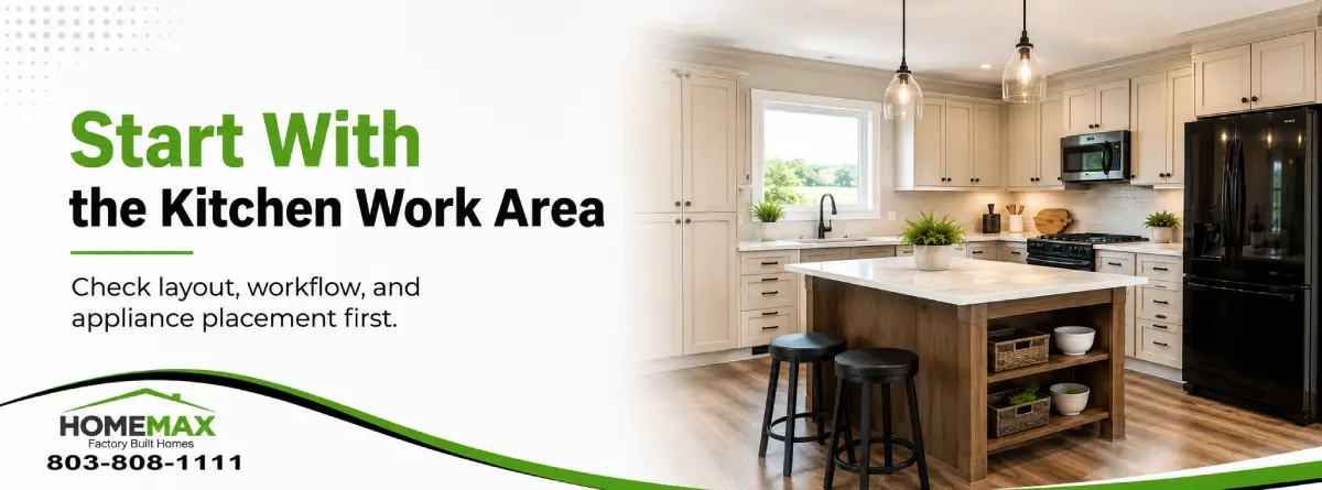 Modern manufactured home kitchen with practical cabinets, island storage, and clear work areas
