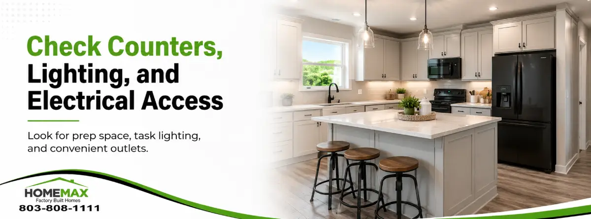 Close view of manufactured home kitchen cabinets, countertop edges, flooring, and finish details
