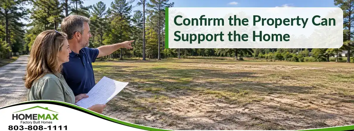 A property owner is reviewing a homesite in South Carolina where a manufactured home will be placed.