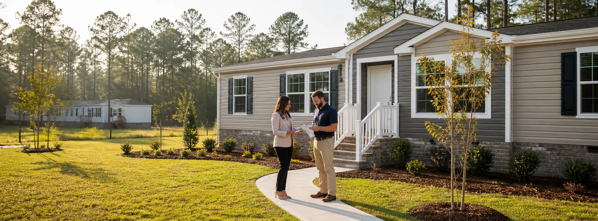 Manufactured home exterior in South Carolina with a buyer reviewing home details