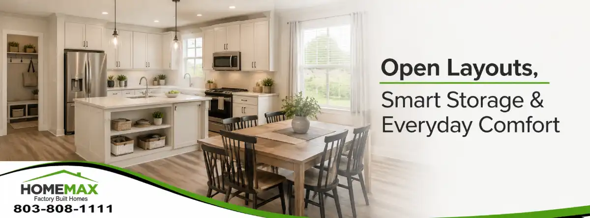 Modern manufactured home kitchen with storage and open layout features