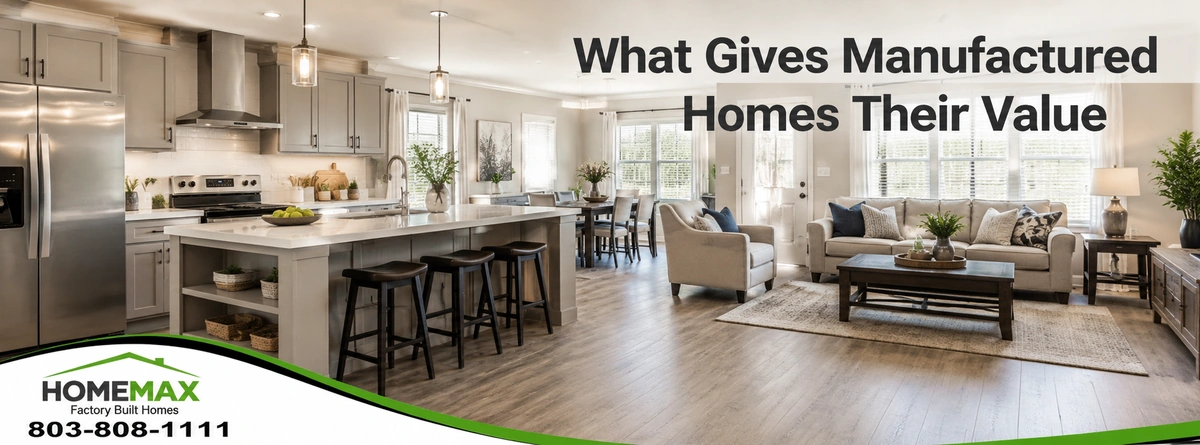 Modern manufactured home interior showing kitchen living space and practical features