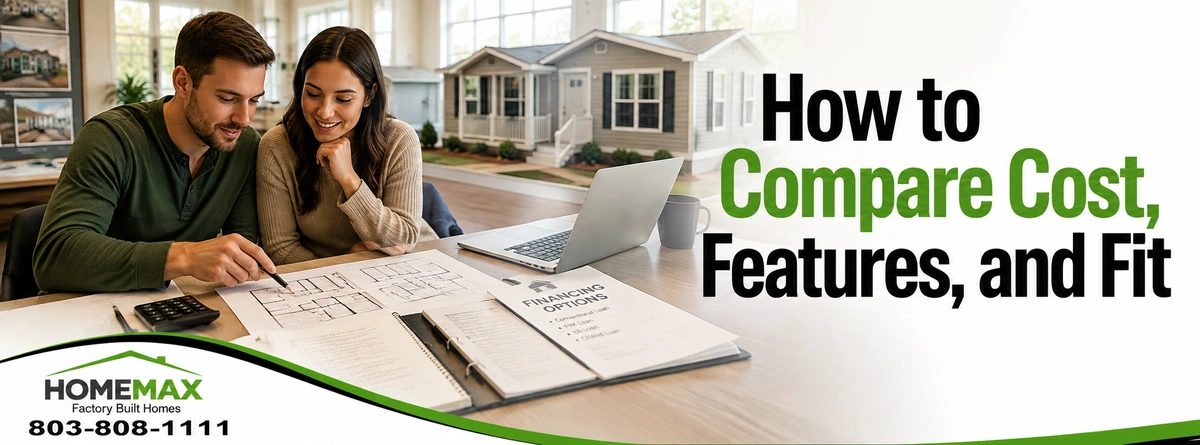 Home buyers comparing manufactured home floor plans features and financing options